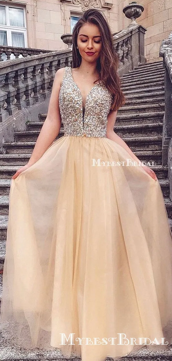 Elegant Charming V-neck Chamapagne Organza Top Beads A-line Long Cheap Formal Prom Dresses, PDS0036