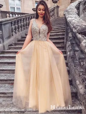 Elegant Charming V-neck Chamapagne Organza Top Beads A-line Long Cheap Formal Prom Dresses, PDS0036