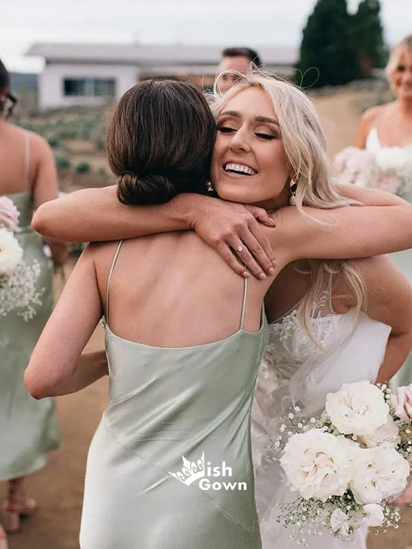 Elegant Green Soft Satin Spaghetti Strap V-neck Side Split Tea-length Bridesmaid Dresses, YPS156