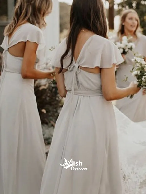 Elegant Light Grey V-neck Short Sleeves Long Chiffon Bridesmaid Dresses, YPS158