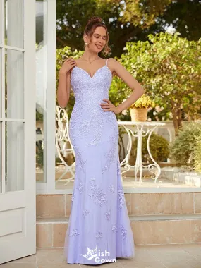 Elegant Lilac Mermaid Spaghetti Straps V Neck Applique Lace Maxi Long Party Prom Gowns,Evening Dresses,WGP383