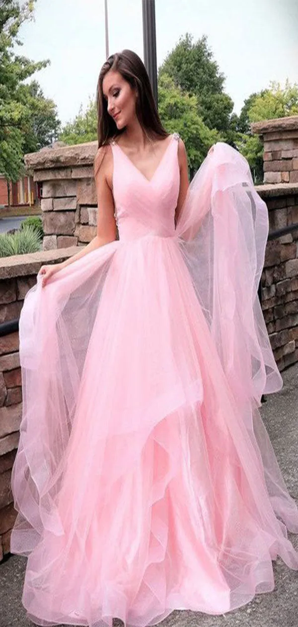 Pink Sleeveless Maxi Prom Dress with V-Neck and Pleats - Elegant A-Line Evening Gown (WGP376)