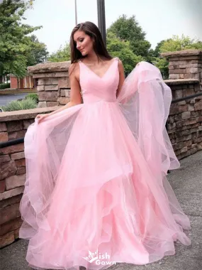 Pink Sleeveless Maxi Prom Dress with V-Neck and Pleats - Elegant A-Line Evening Gown (WGP376)