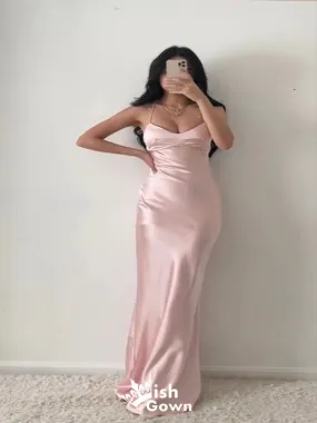 Elegant Pink Mermaid Halter Sleeveless Satin Long Formal Prom Dresses,Evening Gowns,WGP328