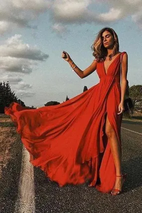 Elegant Red Sexy Simple Deep V neck Soft Side Split Chiffon Sleeveless Prom Dresses