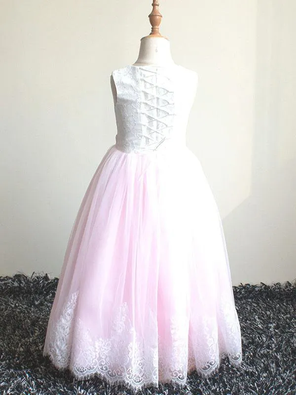 Elegant Sleeveless A-line Long Flower Girl Dresses Pink Tulle Lace Princess Dress for Kids