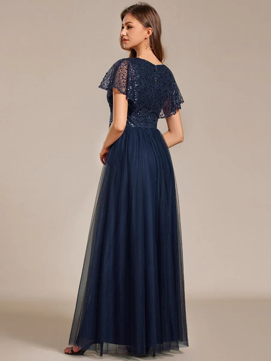 Elegant V Neck Ruffles Sleeve A-Line Empire Waist Tulle Dresses with Paillette