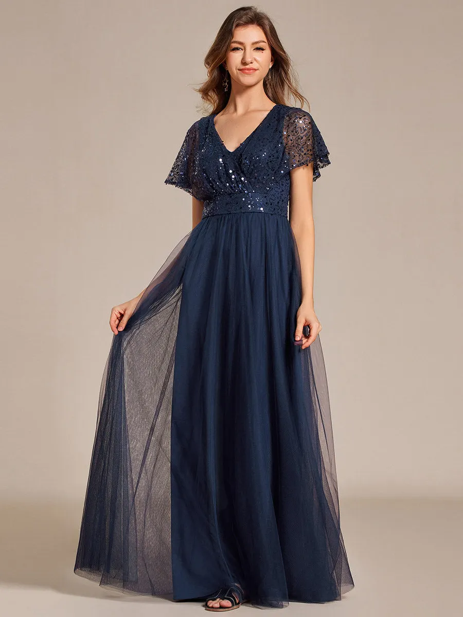 Elegant V Neck Ruffles Sleeve A-Line Empire Waist Tulle Dresses with Paillette