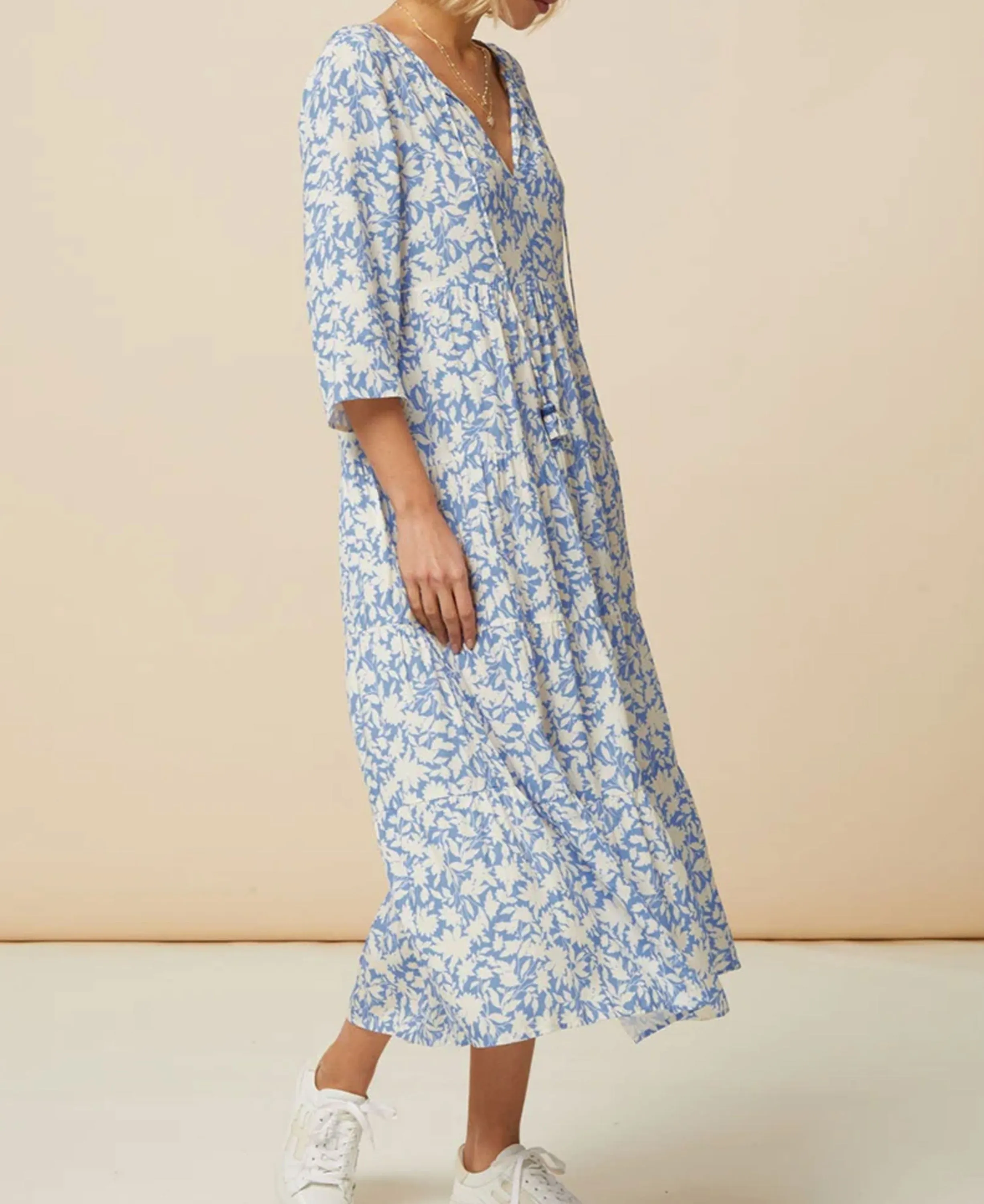 Emma Ecovero Midi Dress - Pale Blue/White