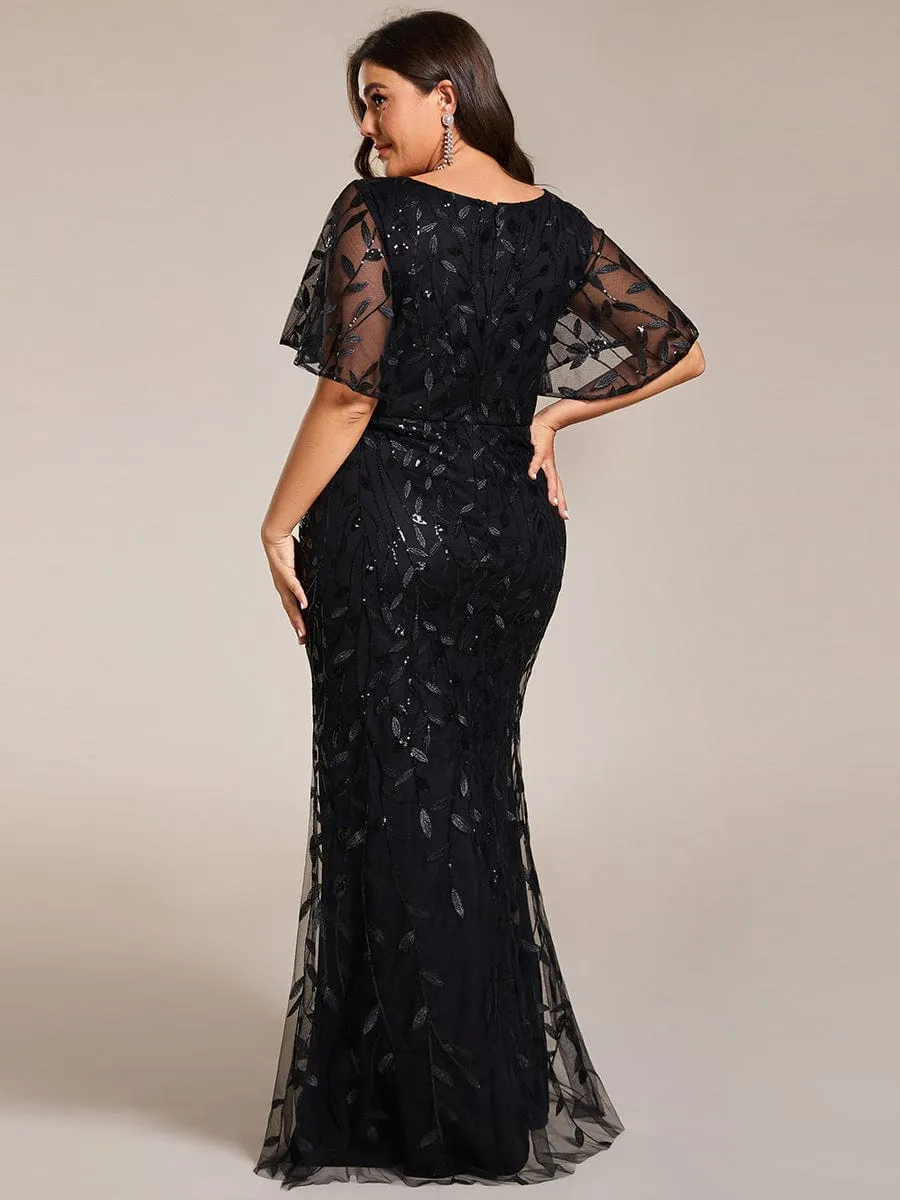 Fashion Plus Size V Neck Mermaid Sequin & Tulle Evening Dress