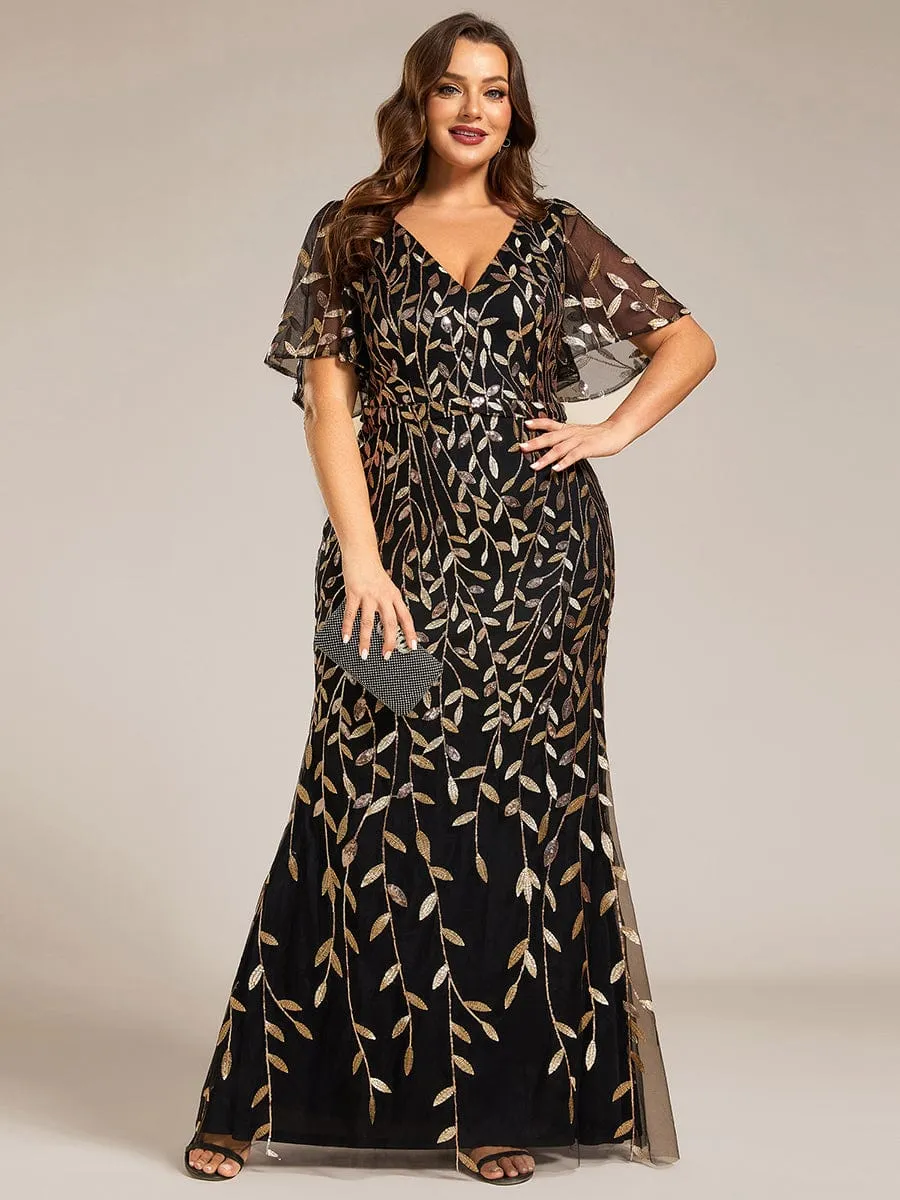 Fashion Plus Size V Neck Mermaid Sequin & Tulle Evening Dress