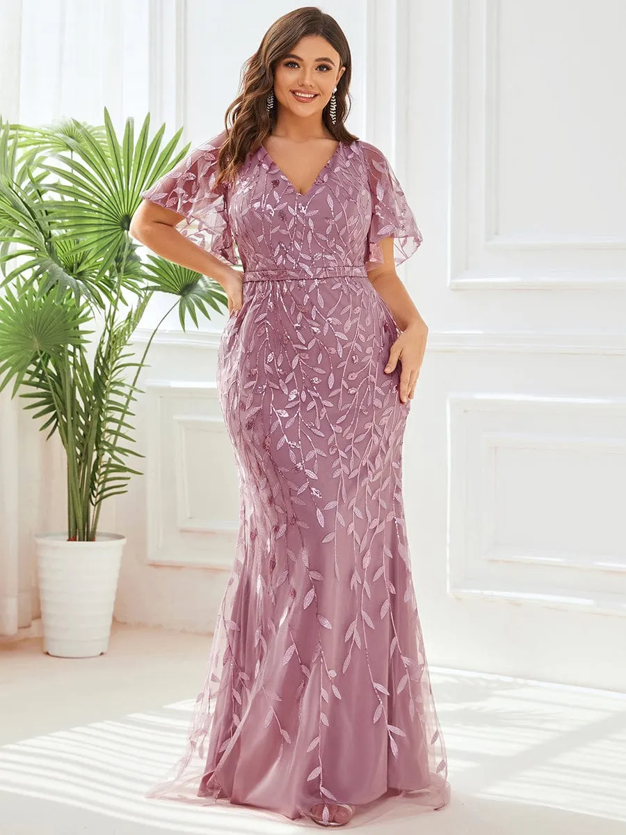 Fashion Plus Size V Neck Mermaid Sequin & Tulle Evening Dress