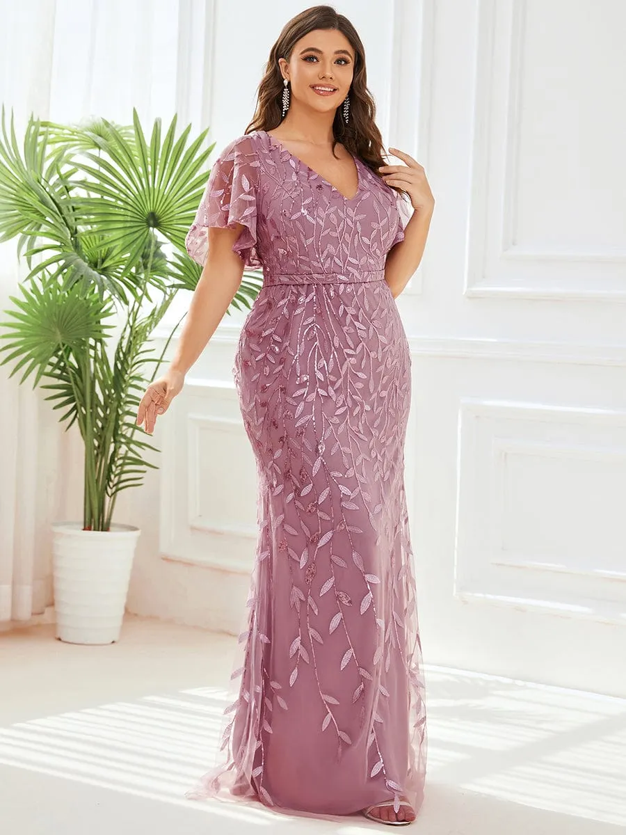 Fashion Plus Size V Neck Mermaid Sequin & Tulle Evening Dress