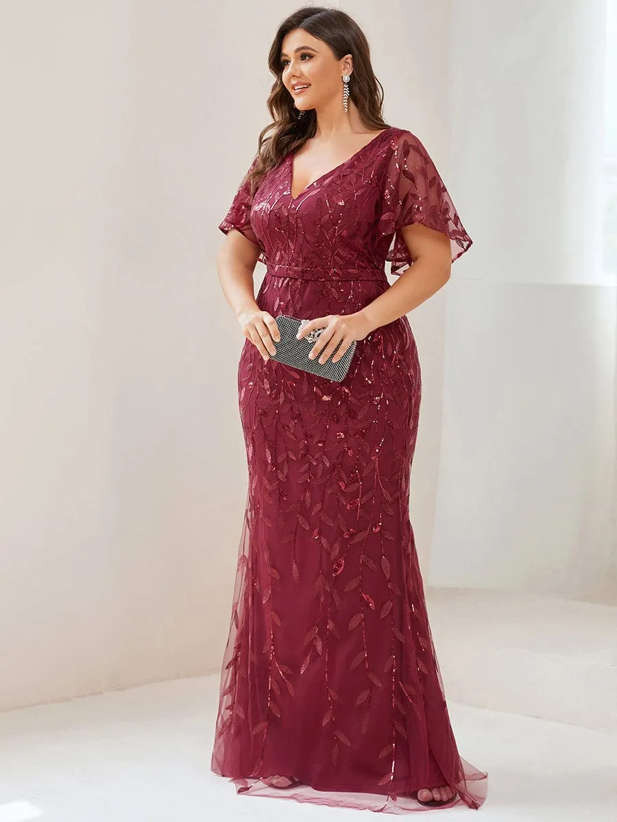 Fashion Plus Size V Neck Mermaid Sequin & Tulle Evening Dress