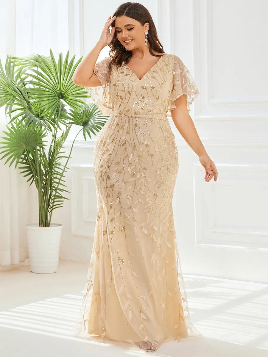 Fashion Plus Size V Neck Mermaid Sequin & Tulle Evening Dress