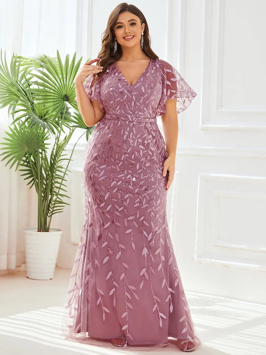 Fashion Plus Size V Neck Mermaid Sequin & Tulle Evening Dress