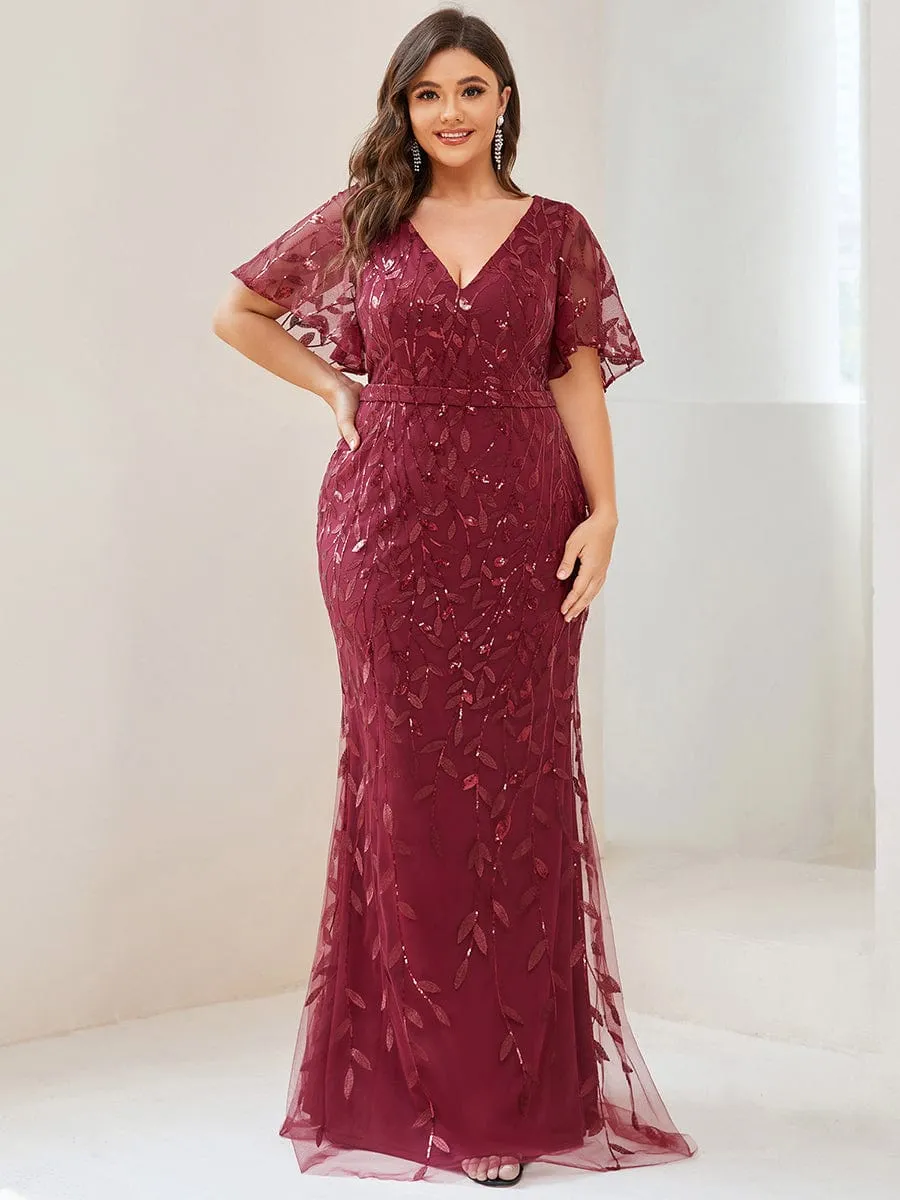 Fashion Plus Size V Neck Mermaid Sequin & Tulle Evening Dress