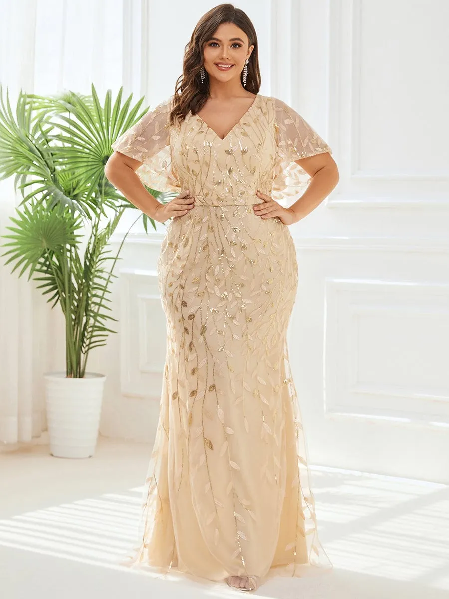 Fashion Plus Size V Neck Mermaid Sequin & Tulle Evening Dress