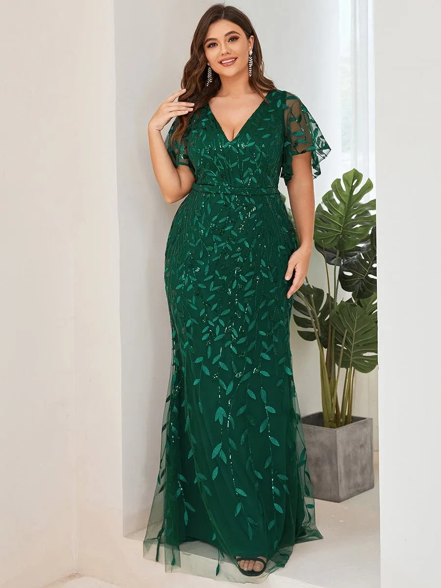 Fashion Plus Size V Neck Mermaid Sequin & Tulle Evening Dress