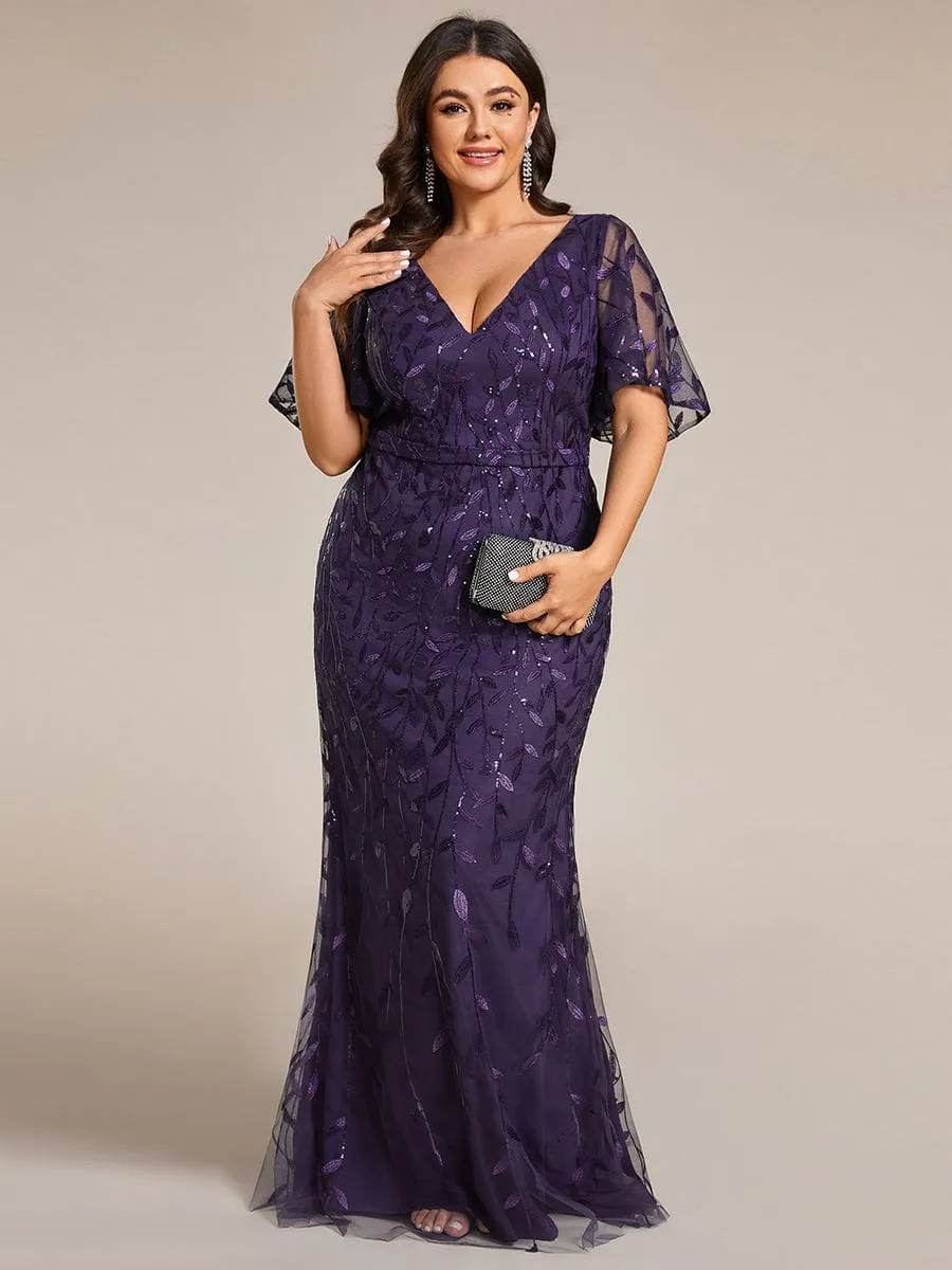 Fashion Plus Size V Neck Mermaid Sequin & Tulle Evening Dress