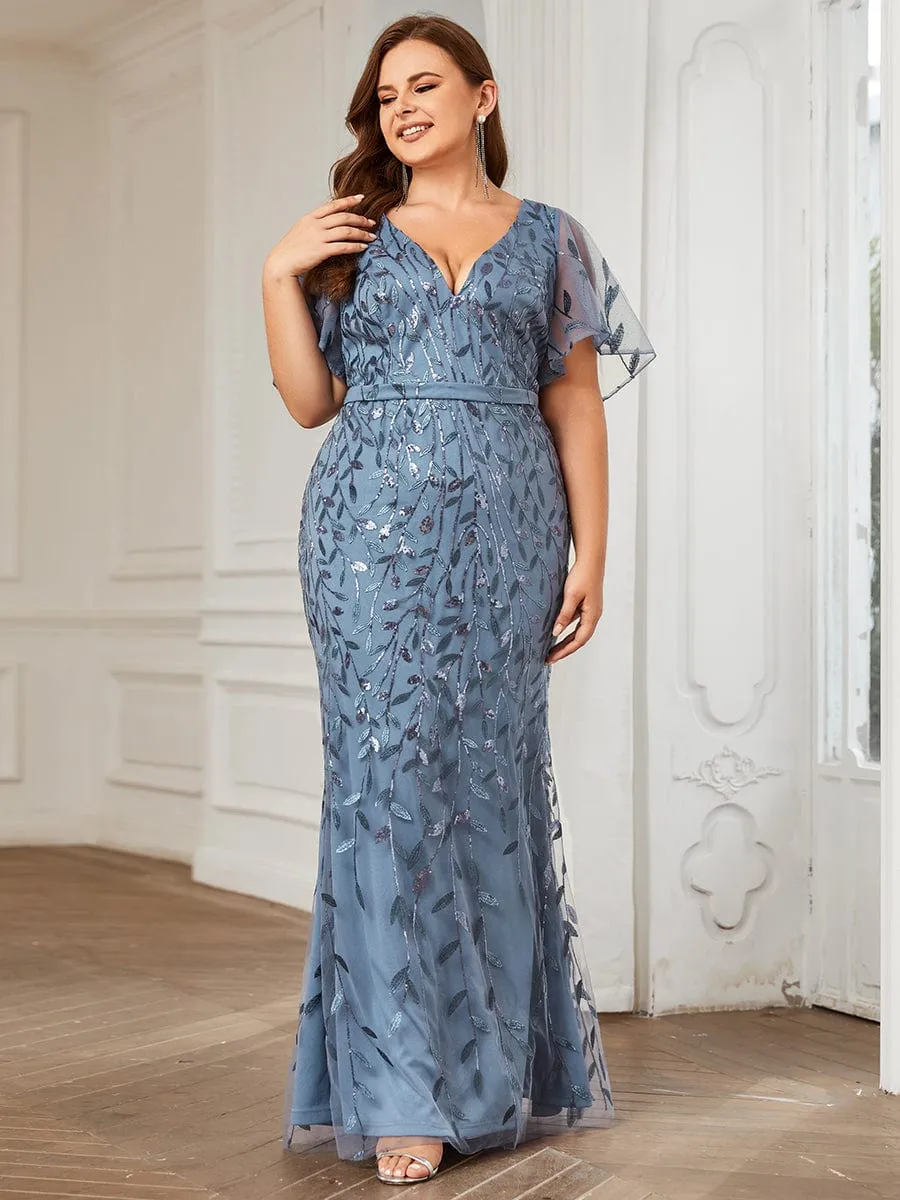 Fashion Plus Size V Neck Mermaid Sequin & Tulle Evening Dress