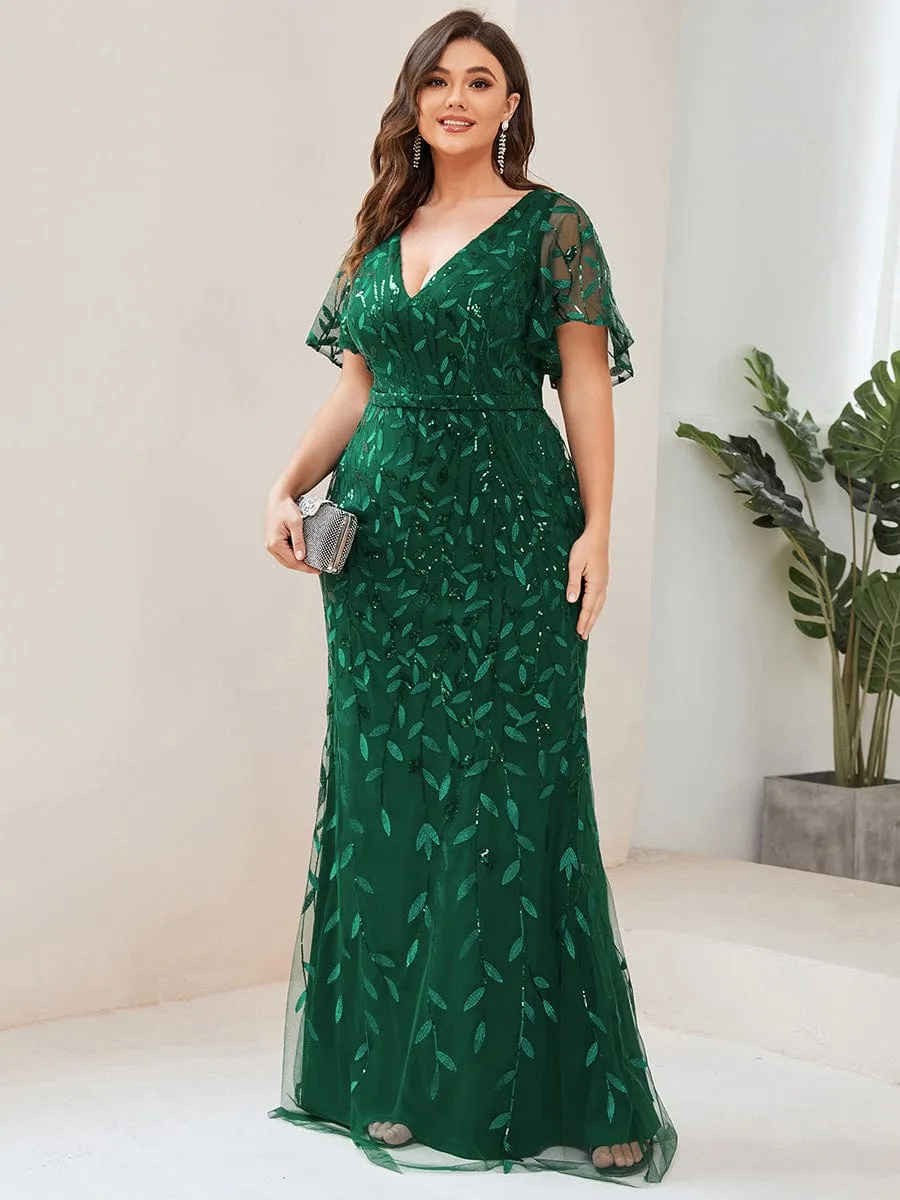 Fashion Plus Size V Neck Mermaid Sequin & Tulle Evening Dress