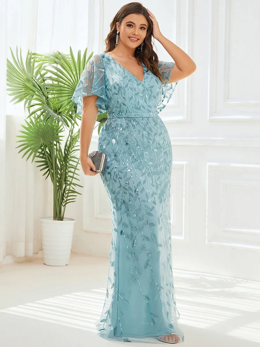 Fashion Plus Size V Neck Mermaid Sequin & Tulle Evening Dress