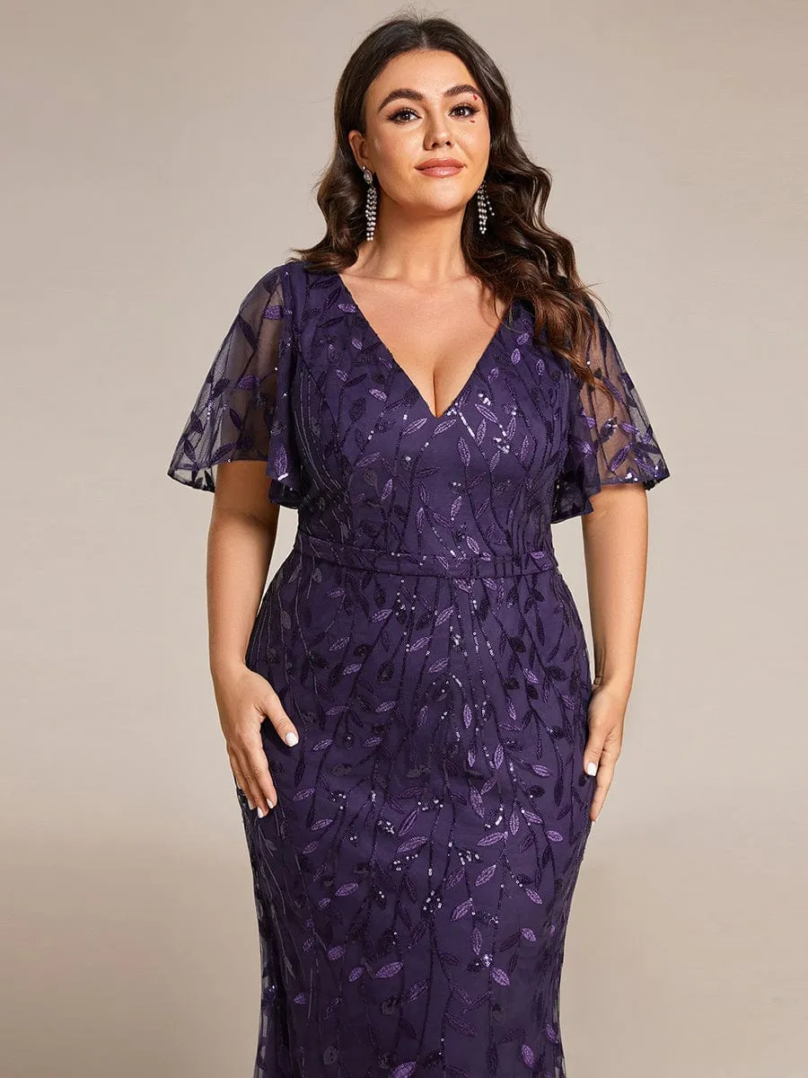 Fashion Plus Size V Neck Mermaid Sequin & Tulle Evening Dress