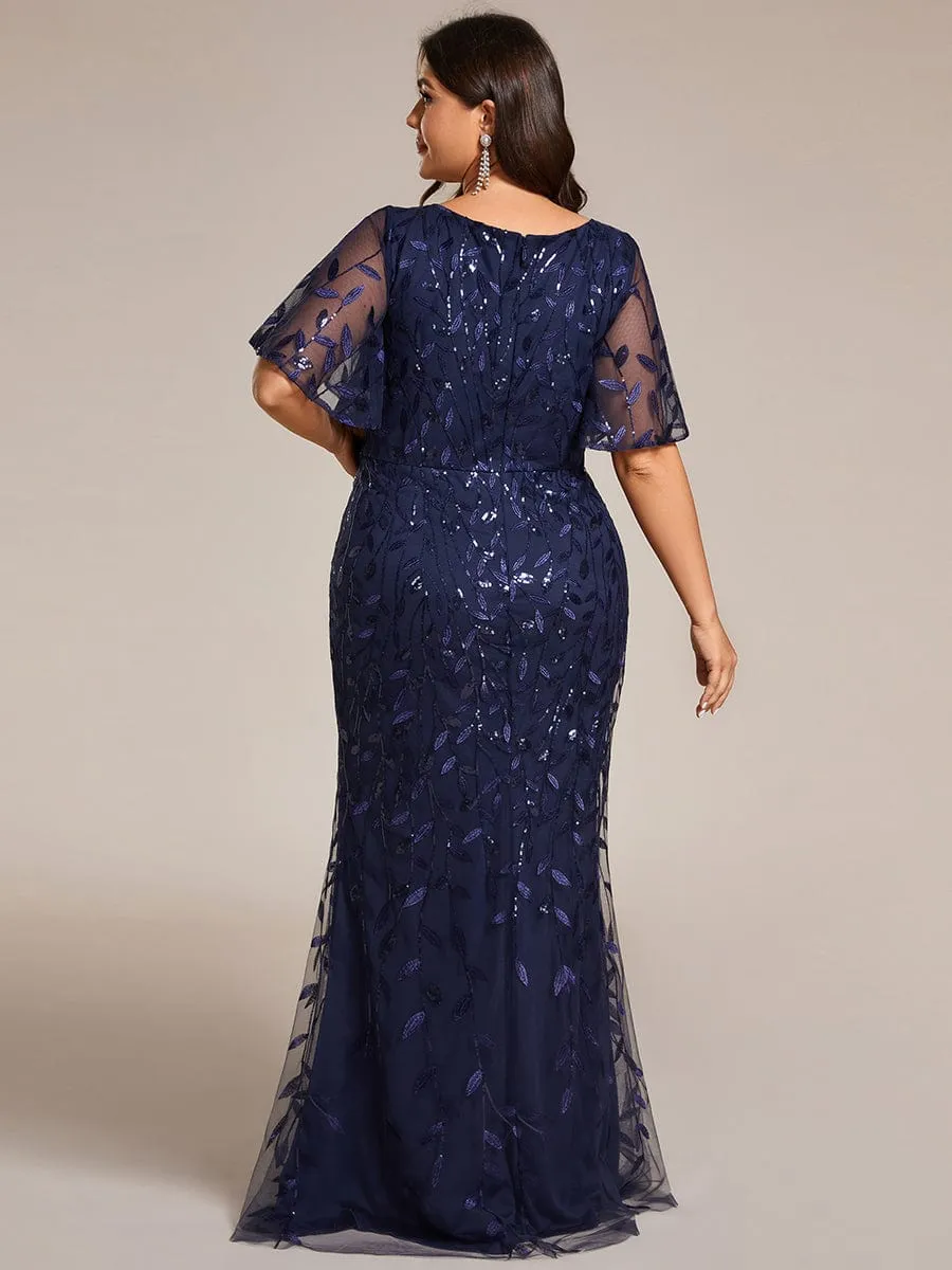 Fashion Plus Size V Neck Mermaid Sequin & Tulle Evening Dress