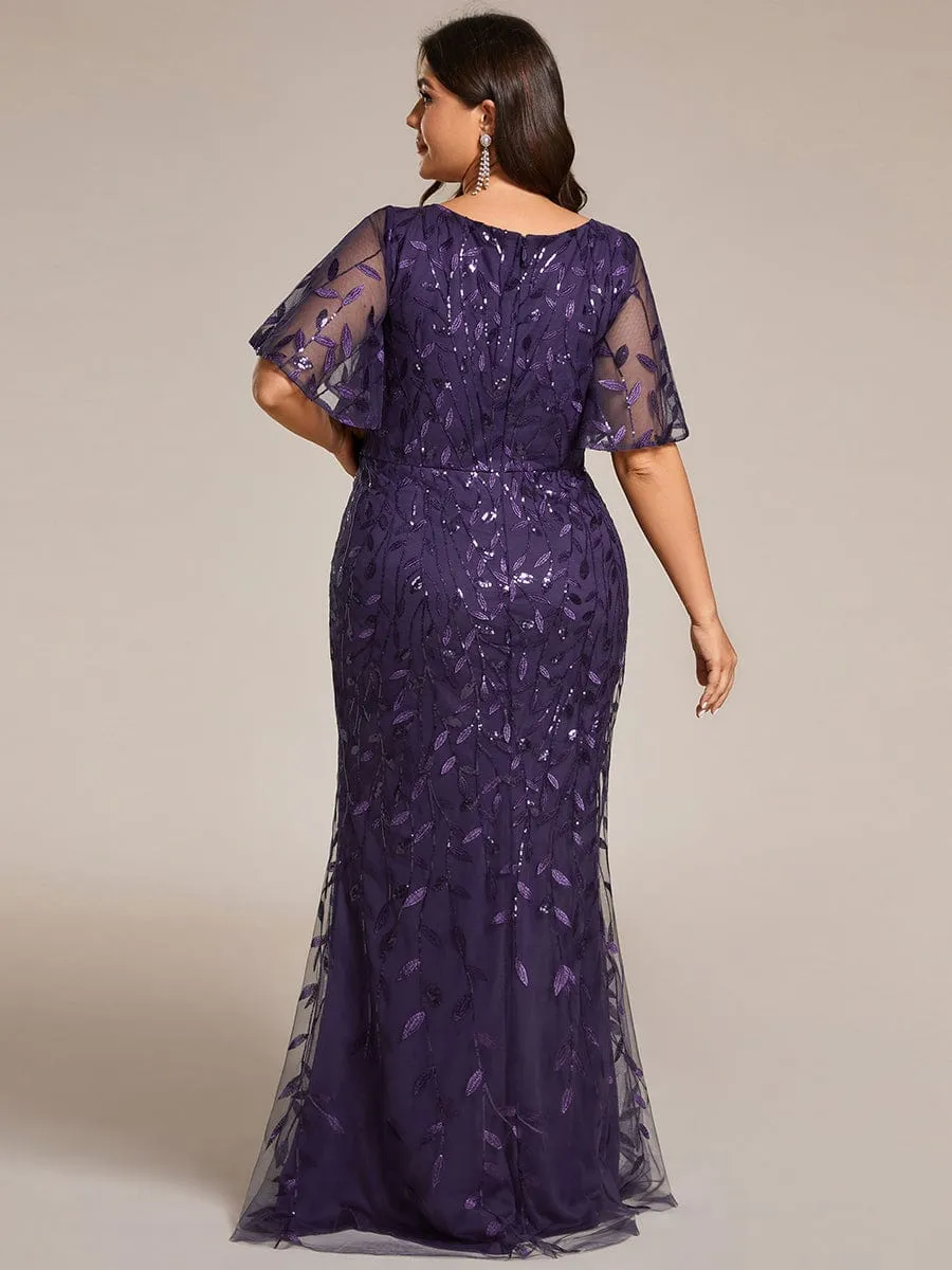 Fashion Plus Size V Neck Mermaid Sequin & Tulle Evening Dress