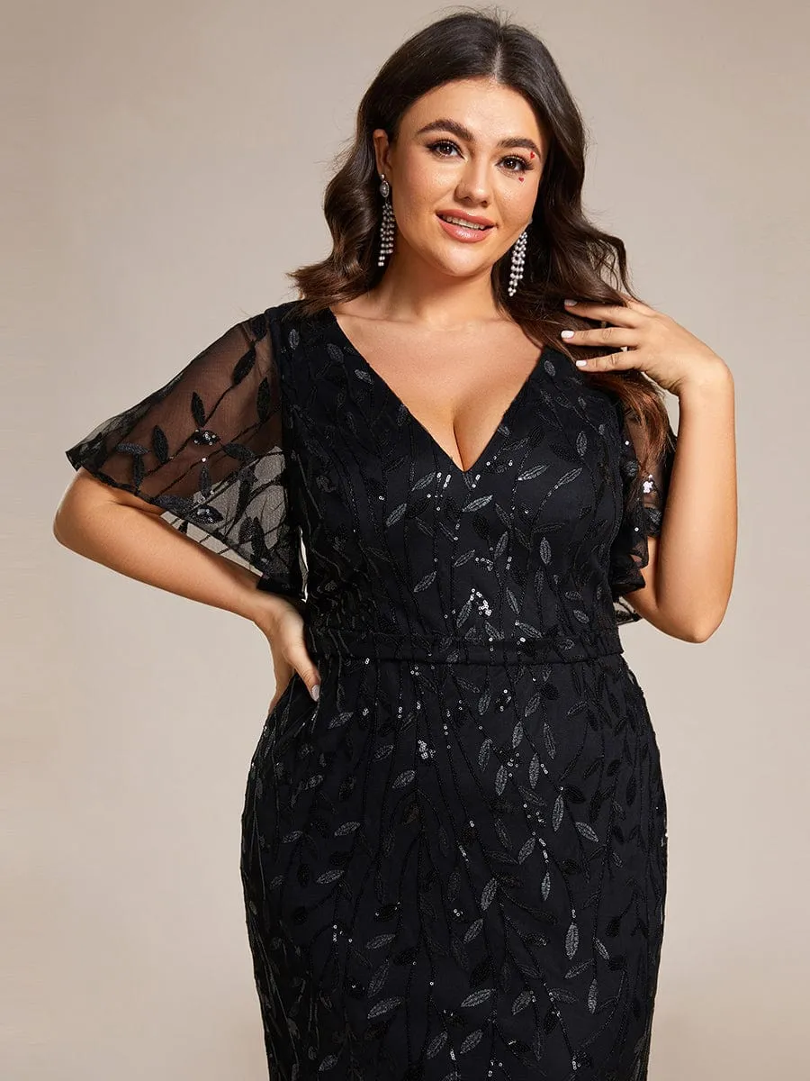 Fashion Plus Size V Neck Mermaid Sequin & Tulle Evening Dress