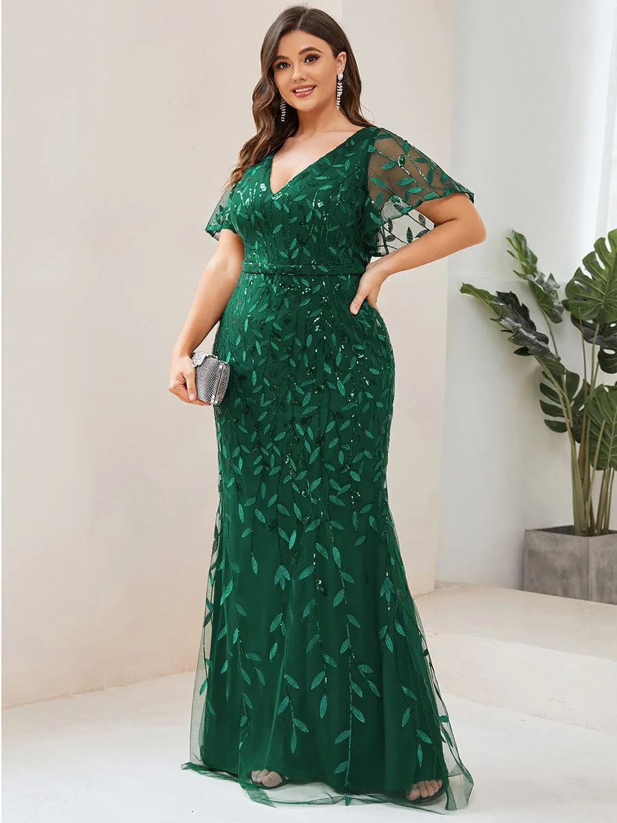 Fashion Plus Size V Neck Mermaid Sequin & Tulle Evening Dress