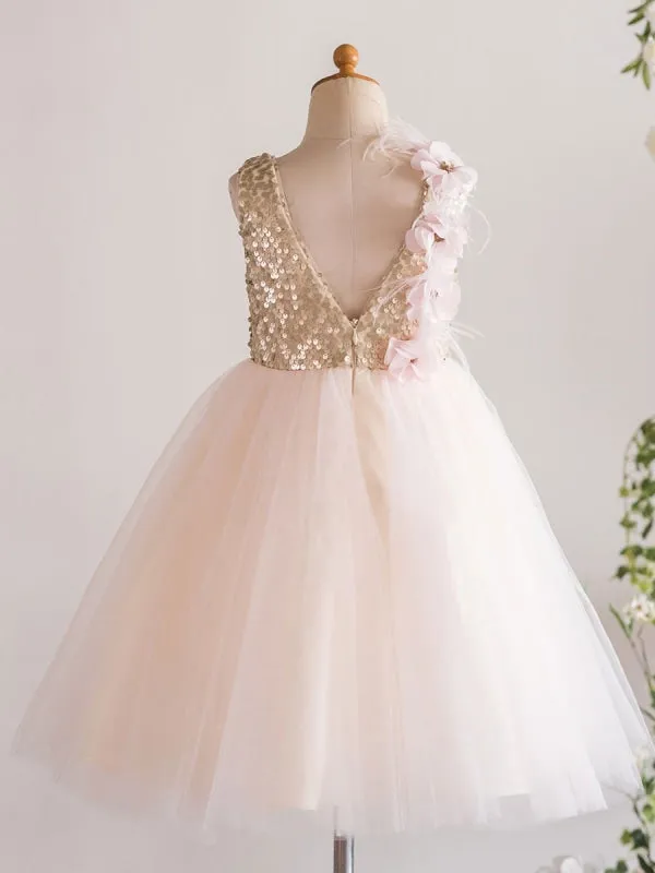 Flower Girl Dresses Tulle Sleeveless Knee Length Princess Silhouette Flowers Kids Party Dress