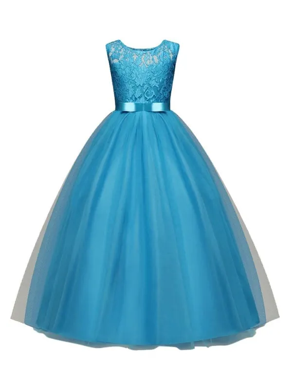 Formal Little Kids Dress for Wedding Jewel Neck Sleeveless Flower Girl Floor Length Dresses