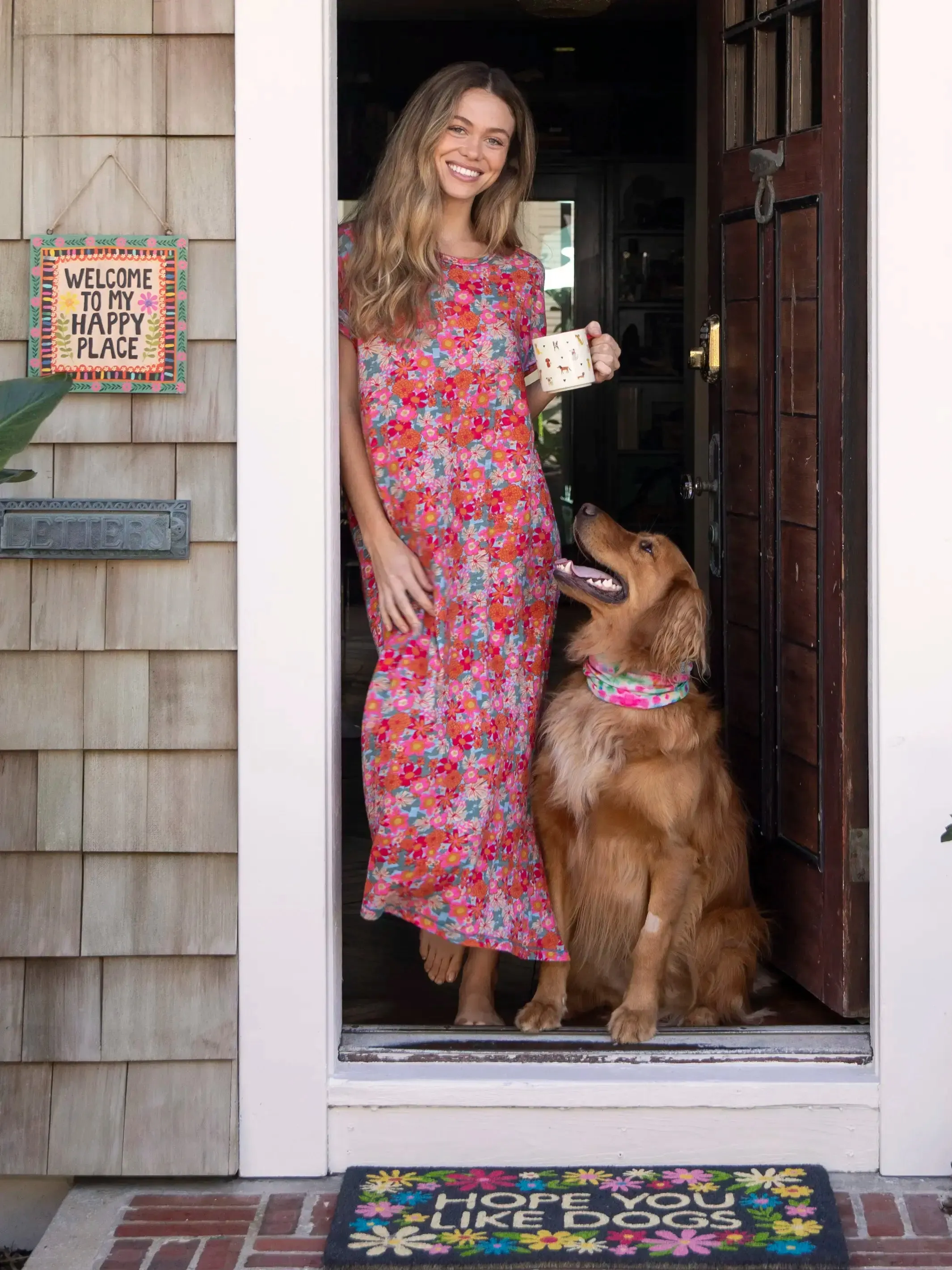 Frankie Knit Cotton Tee Midi Dress - Pink Red Floral