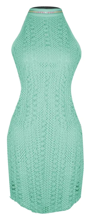 Fun Elegant Moments Lined Summer Halter Crochet Cocktail Mini Lace Dress