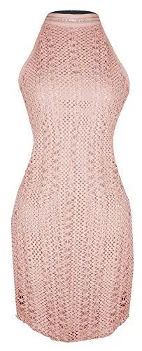 Fun Elegant Moments Lined Summer Halter Crochet Cocktail Mini Lace Dress