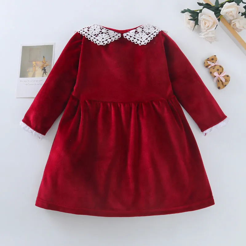 Girls Red Suede Doll Collar Lace Splicing Dress