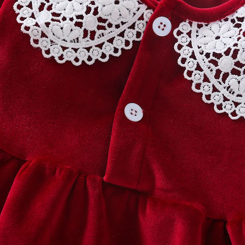 Girls Red Suede Doll Collar Lace Splicing Dress