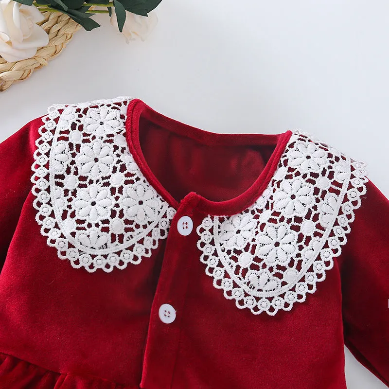 Girls Red Suede Doll Collar Lace Splicing Dress