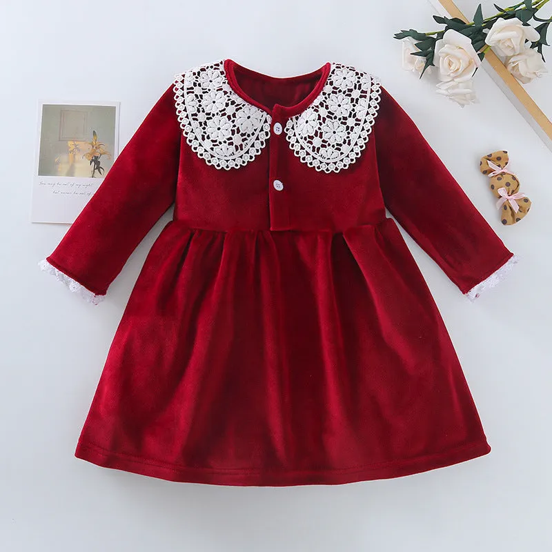 Girls Red Suede Doll Collar Lace Splicing Dress