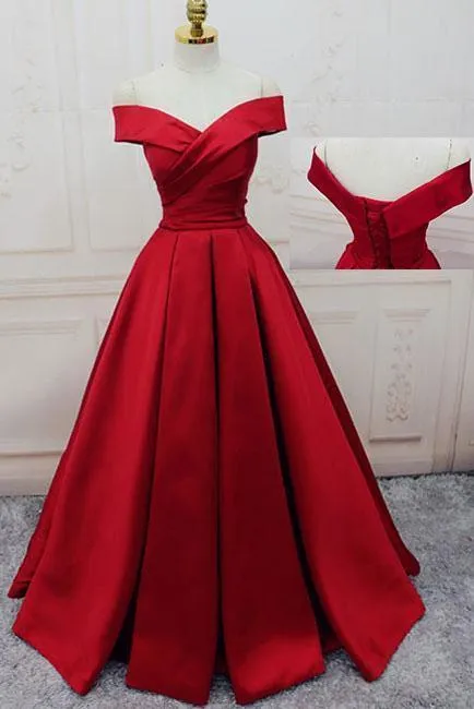 Gorgeous Red Off-the-Shoulder Floor-Length Satin Sweetheart Long Lace up Prom Dresses