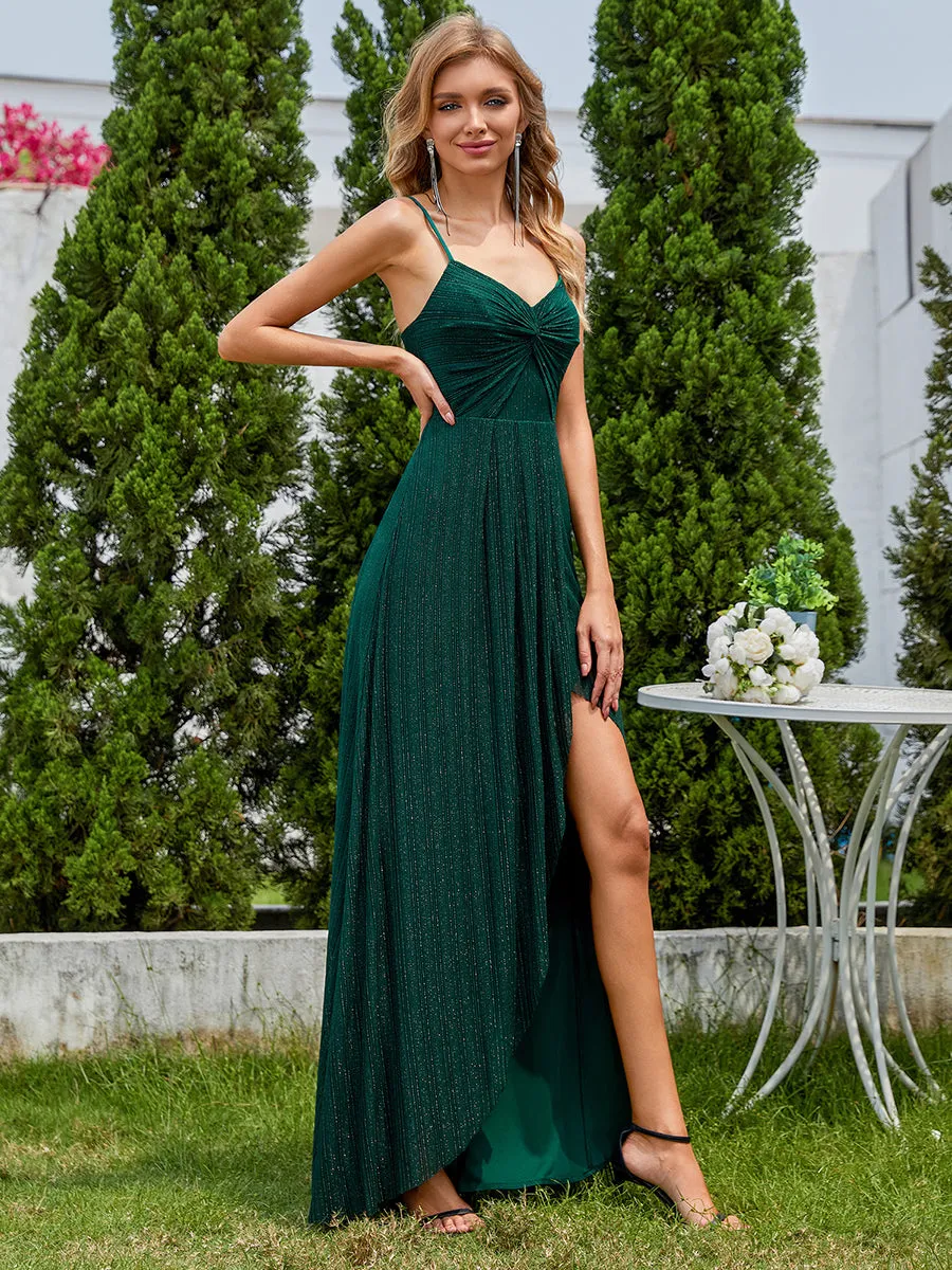 Graceful Spaghetti Straps Split Pleated Empire Waist V Neck Floor Length Chiffon Dresses with Shimmer