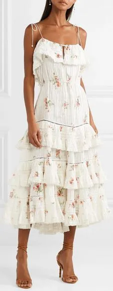 'Heathers' Lace-Trimmed Tiered Pintucked Floral-Print Cotton Dress