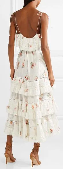 'Heathers' Lace-Trimmed Tiered Pintucked Floral-Print Cotton Dress