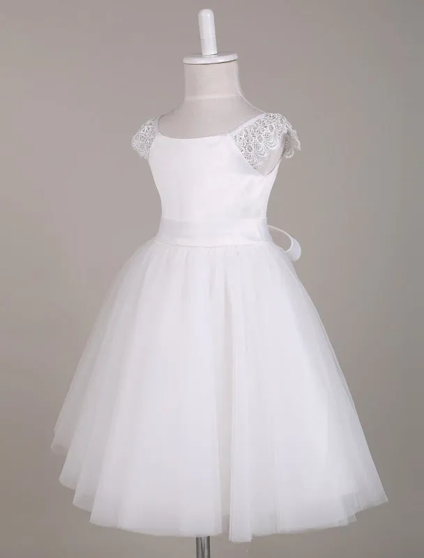 Ivory Bateau Neck Lace Cap Sleeves Tutu Dress Knee Length Kids Party Dresses