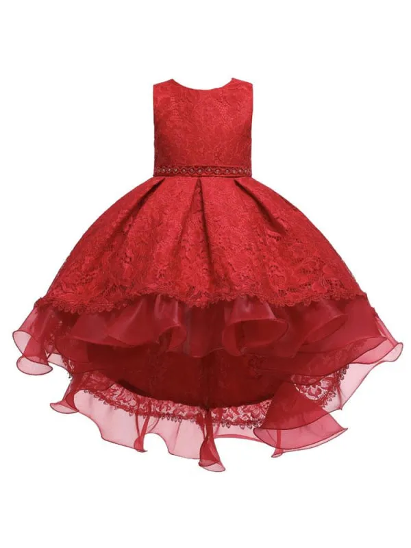 Jewel Neck Hi-Lo Flower Girl Dresses With Train Floral Lace Princess Wedding Party Dress