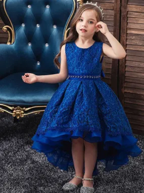 Jewel Neck Hi-Lo Flower Girl Dresses With Train Floral Lace Princess Wedding Party Dress