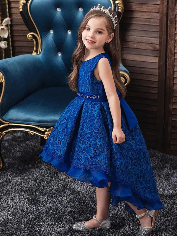 Jewel Neck Hi-Lo Flower Girl Dresses With Train Floral Lace Princess Wedding Party Dress