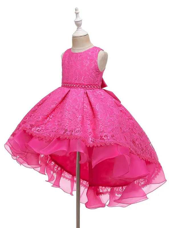 Jewel Neck Hi-Lo Flower Girl Dresses With Train Floral Lace Princess Wedding Party Dress